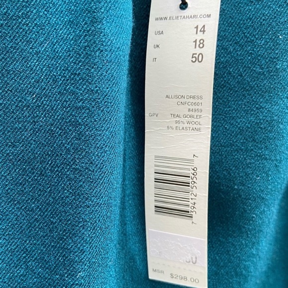 Elie Tahari Teal / Peacock blue green Sheath Dress NWT 14 (retail $298+tax) - Picture 4 of 10